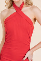 Halter Tied Criss-cross Midi Ribbed Dress