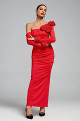 Slanted Shoulder Ruched Rose Flowers Dress
