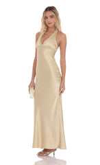 Satin Lace Trim Maxi Dress in Champagne