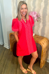 Red Pink Wavy Embroidered Puff Sleeve Mini Dress