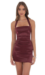 Wine Satin Halter Bodycon Dress