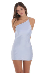 Pearl One Shoulder Satin Dress in Blue