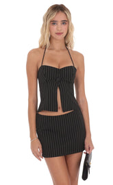 Pinstripe Halter Flyaway Top in Black