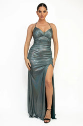 Ruched Side Slit Lace-up Maxi Dress