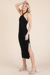 Halter Tied Criss-cross Midi Ribbed Dress