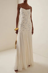 Andrea Floral Applique Pleated Maxi Dress