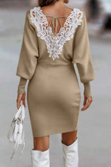 Tie Back Guipure Lace Panel Slim Fit Sweater Dress
