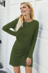 Solid Crew Neck High Waist Drawstring Dress