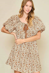 Umgee Full Size Lace Tape Drawstring Floral Puff Sleeve Mini Dress Plus Size