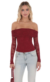 Lace Off Shoulder Top in Burgundy