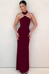 Golden Bead Trim Halter Sheath Dress