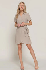 Button Down Side Bow Linen Effect Mini Dress