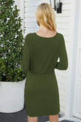 Solid Crew Neck High Waist Drawstring Dress