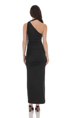 One Shoulder Scarf Wrap Maxi Dress in Black