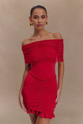 Slinky Off Shoulder Mesh Mini Dress