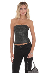 Foil Mesh Ruched Tube Top in Black