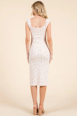 Cap Sleeve Shirred Printed Midi Dress W/ Side Slit