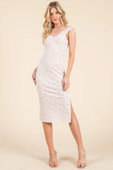 Cap Sleeve Shirred Printed Midi Dress W/ Side Slit