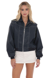 Faux Leather Bomber in Navy