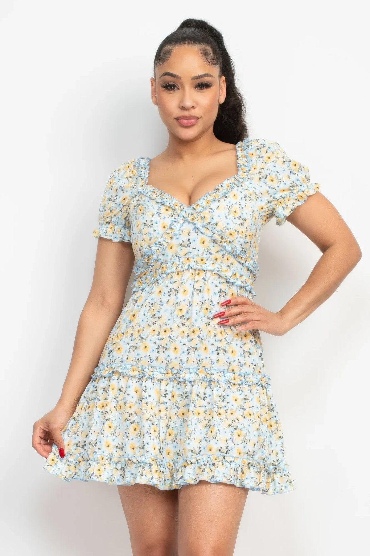 Ruffled Floral Puff Sleeve Dress
