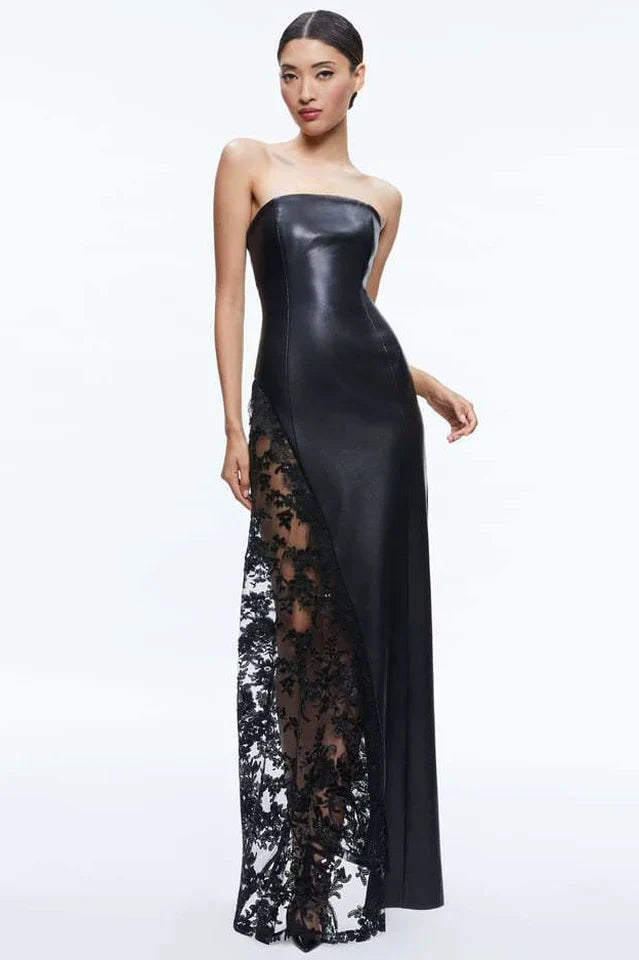 Faux Leather Gown with Lace Detail
