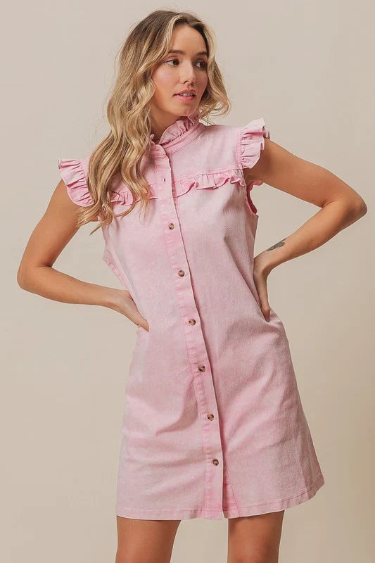 BiBi Washed Button Down Ruffled Cap Sleeve Denim Dress