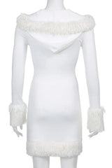White Fur Lace-Up Hooded Dress Sexy Costume