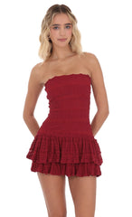 Red Strapless Lace Ruffle Dress