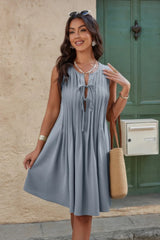 Round Neck Knot Cut Out Pleated Loose Fit Dress