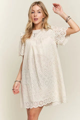 ADORA Ruffled Eyelet Round Neck Dress