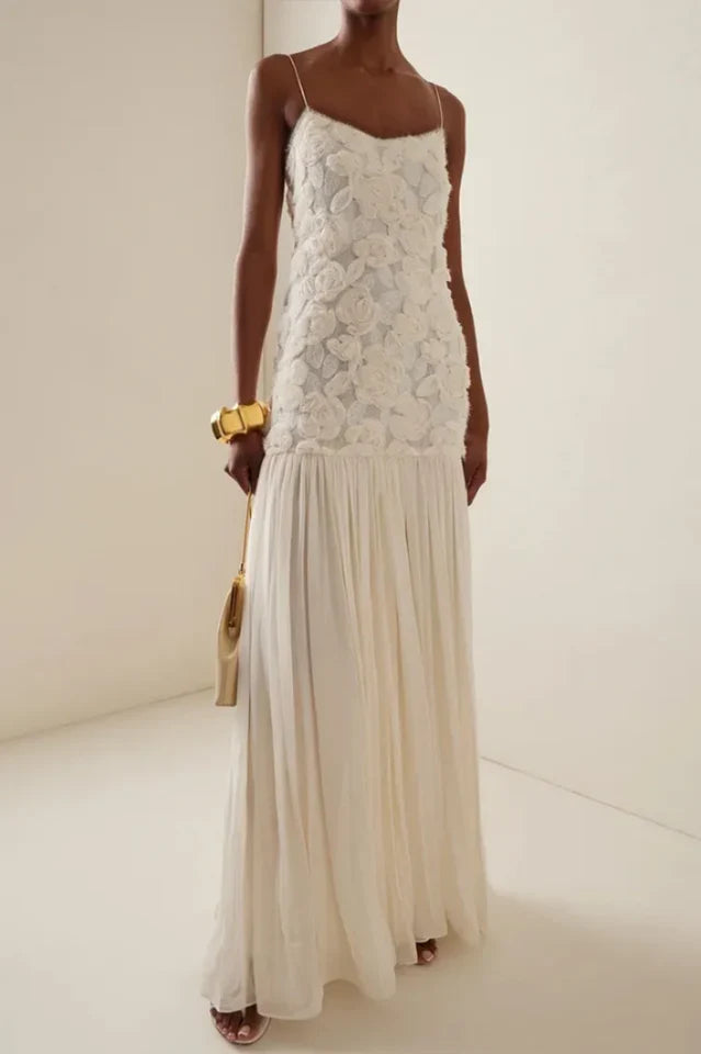 Andrea Floral Applique Pleated Maxi Dress