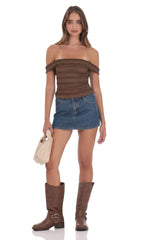 Ruffle Lace Off Shoulder Top in Brown