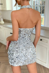 Sparkly Beaded Halter Bodycon Mini Dress