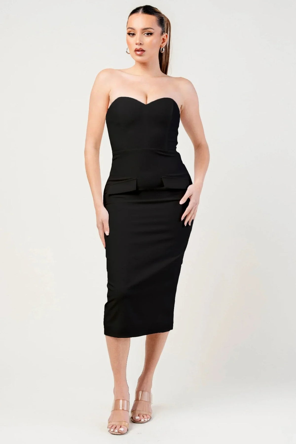 Thick Stretch Woven Sweetheart Neck Tube Midi Dress With Pocket Flap