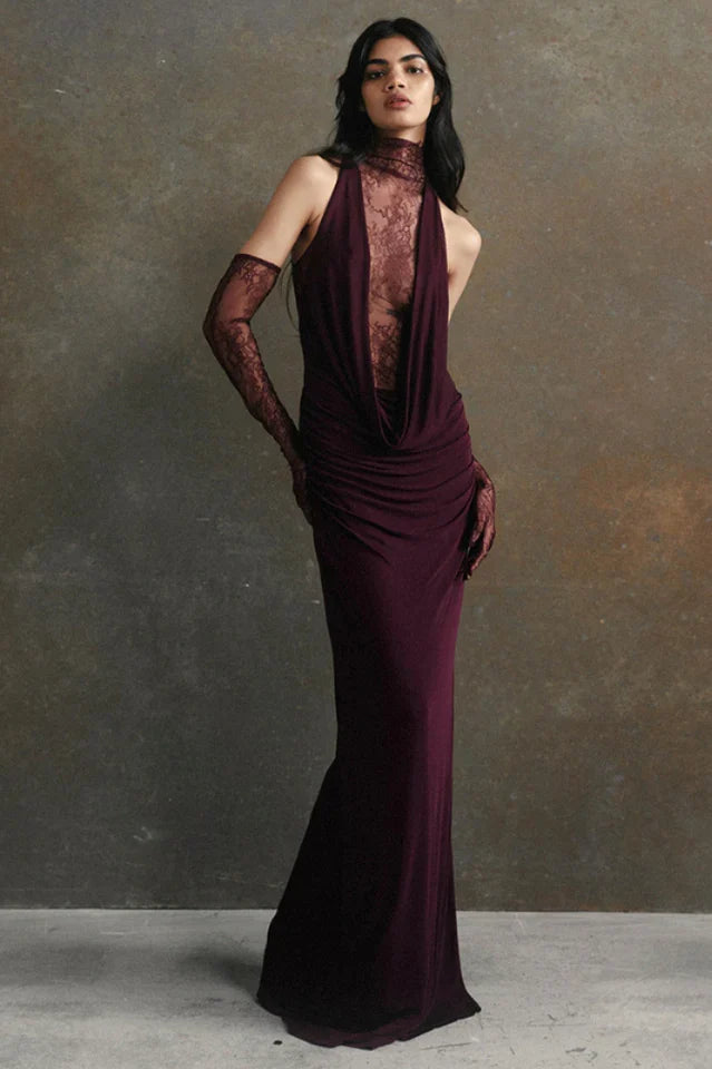 Evelyn Plunging Cowl Lace Bodice Maxi Dress