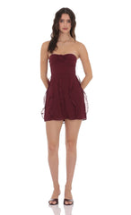 Chiffon Rosette Ruffle Dress in Burgundy