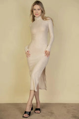 Sweater-knit Fuzzy Turtle Neck Split Thigh Dress