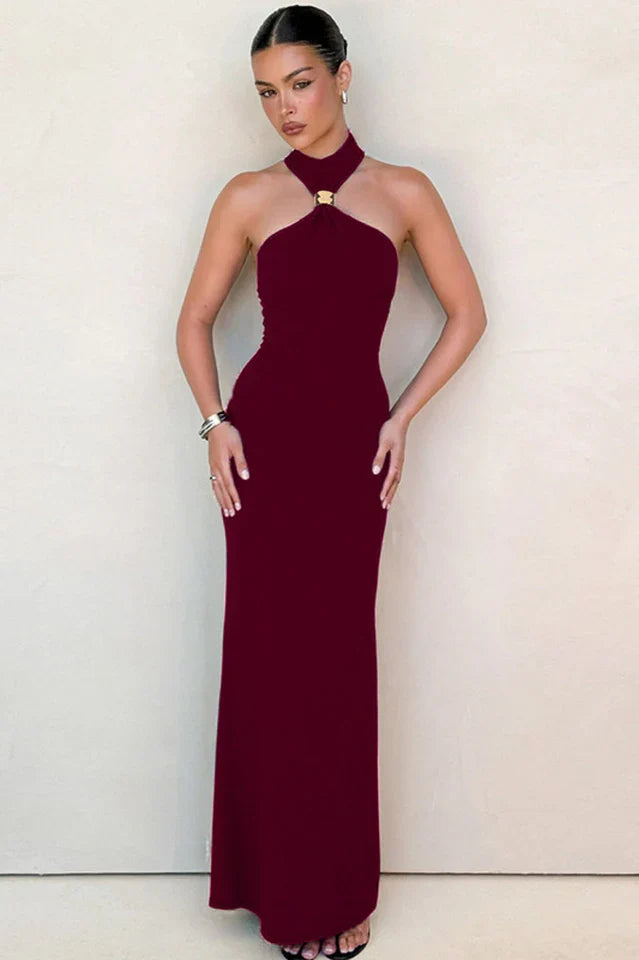 Golden Bead Trim Halter Sheath Dress