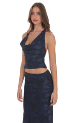 Floral Cowl Neck Halter Top in Navy
