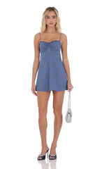 Jacquard Floral Back Lace Dress in Denim Blue