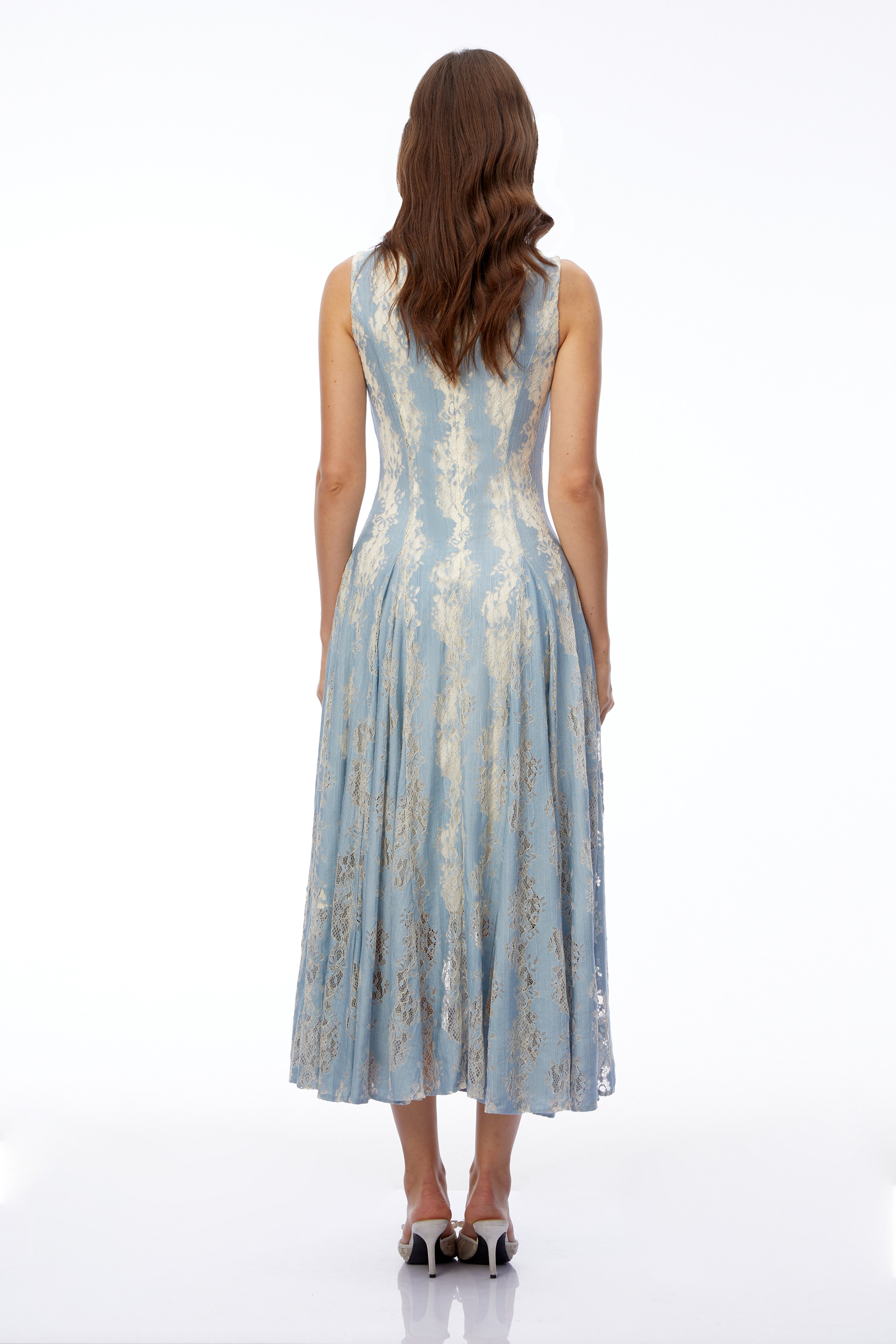 Amelie Blue Color Block Lace Midi Dress