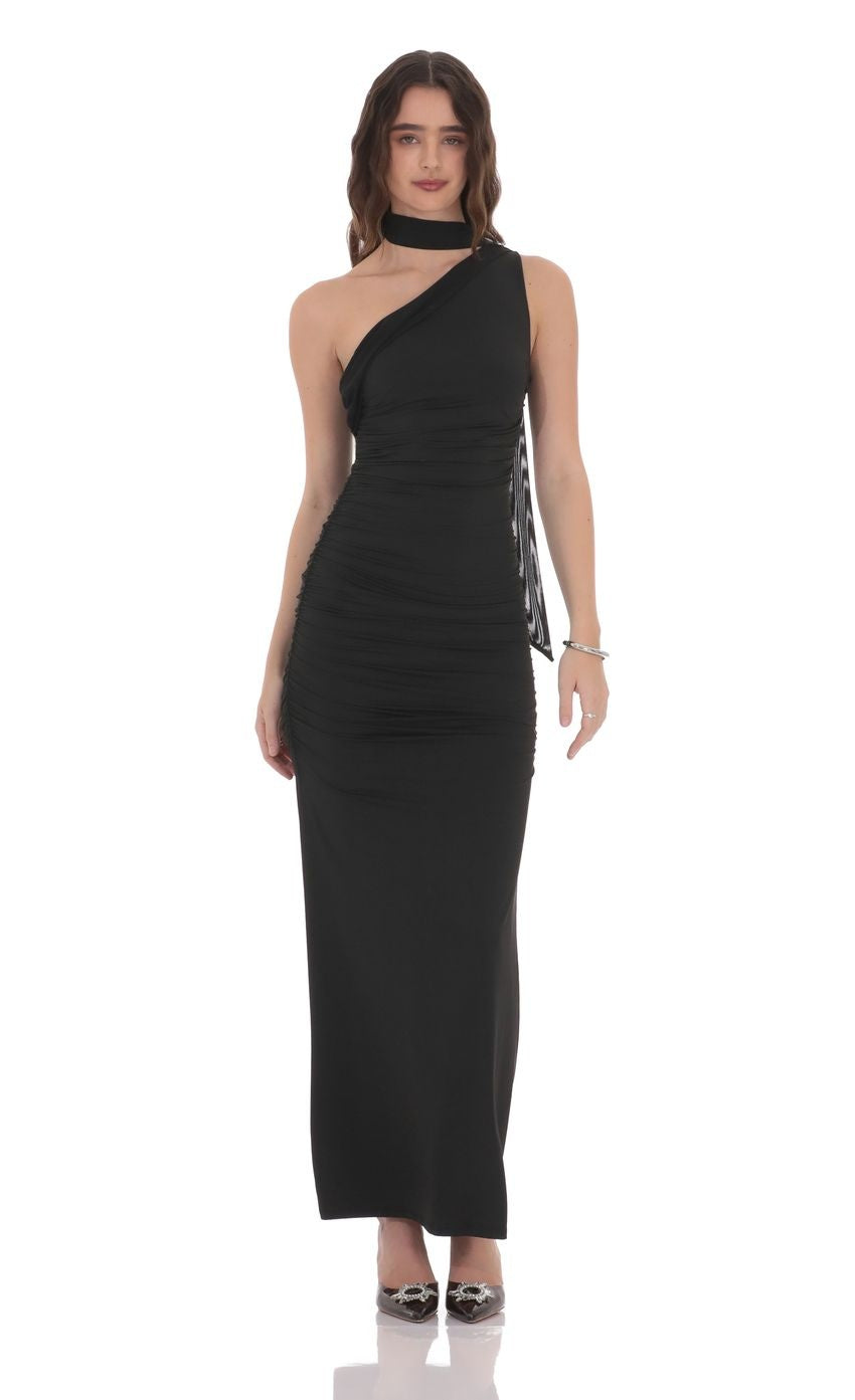One Shoulder Scarf Wrap Maxi Dress in Black