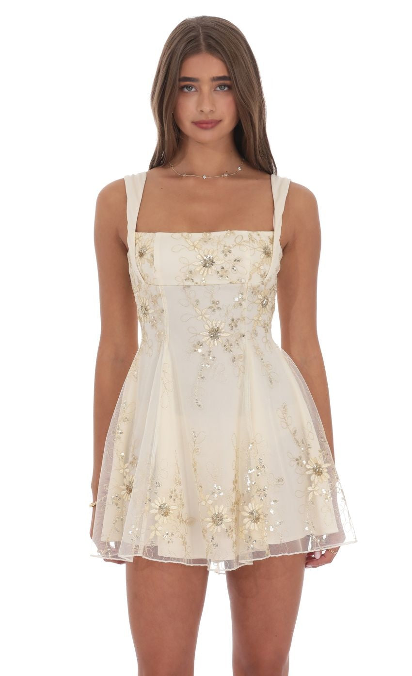 Floral Gold Sequin Fit and Flare Dress in Ivory