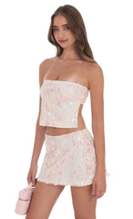 Floral Sequin Strapless Top in Cream
