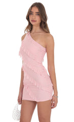 Ruffle Rhinestone One Shoulder Dress in Pink