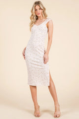 Cap Sleeve Shirred Printed Midi Dress W/ Side Slit