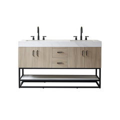 Vinnova Toledo 60" Double Sink Bath Vanity In Light Walnut Finish With White Sintered Stone Top